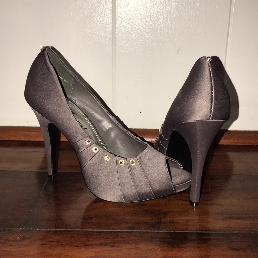 Grey, custom Swarovski stoned, peep toe heels